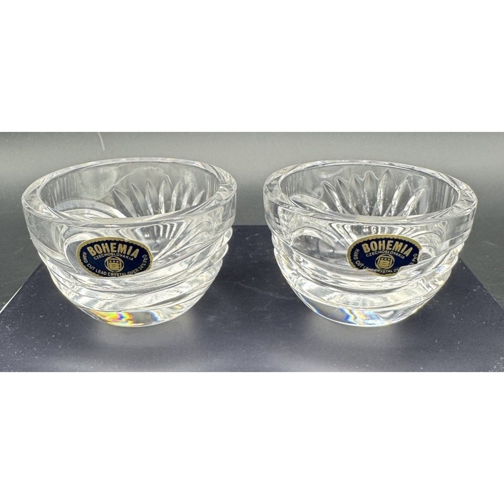 Bohemia Czechoslovakia Lead Crystal Salt Cellars Set of 2 Hand Cut 24% PbO Clear